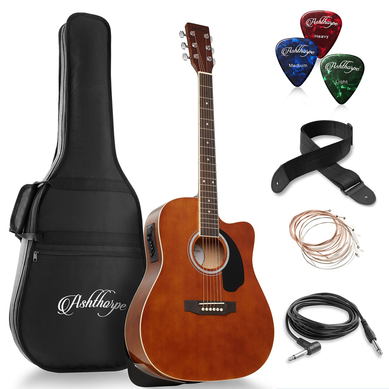 Ashthorpe Full-Size Dreadnought Cutaway Acoustic-Electric Guitar Bundle - Premium Tonewoods